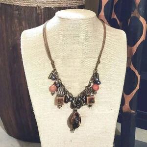 Antiqued Porcelain Brass Glass Bauble and Beads Handcrafted Edgy Earthy Necklace